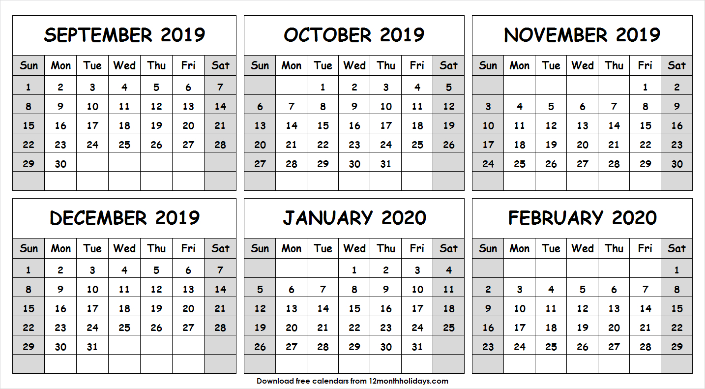 Half Year September 2019 February 2020 Calendar | Six Month