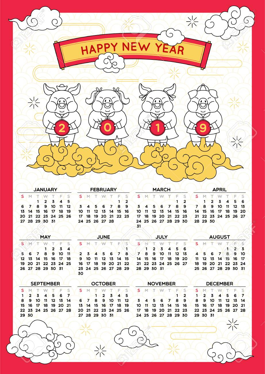 Happy Chinese New Year 2019 Calendar,year Of The Pig,holiday..