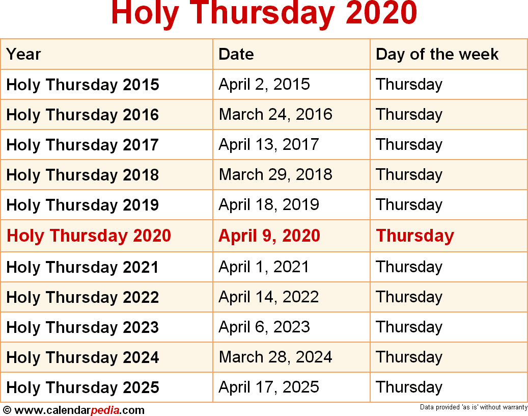 Holy Week 2020. Holy Week Schedule 2020. 2019-10-05