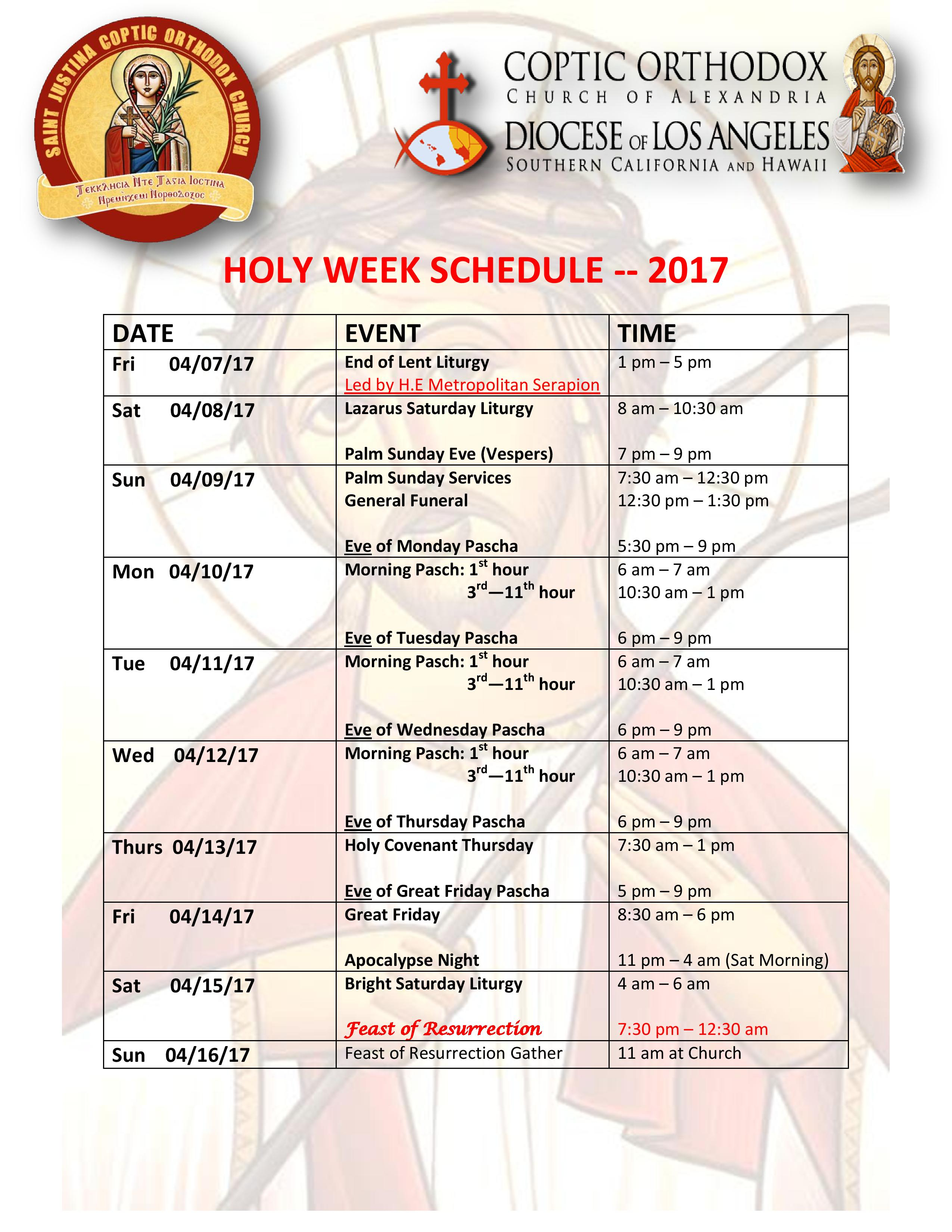 Holy Week Schedule 2017 - St Justina Coptic Orthodox Church