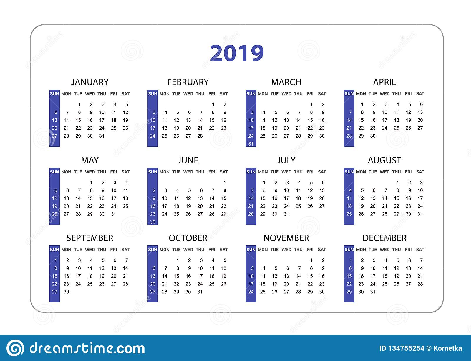 Horizontal Pocket Calendar On 2019 Year. Simple Vector