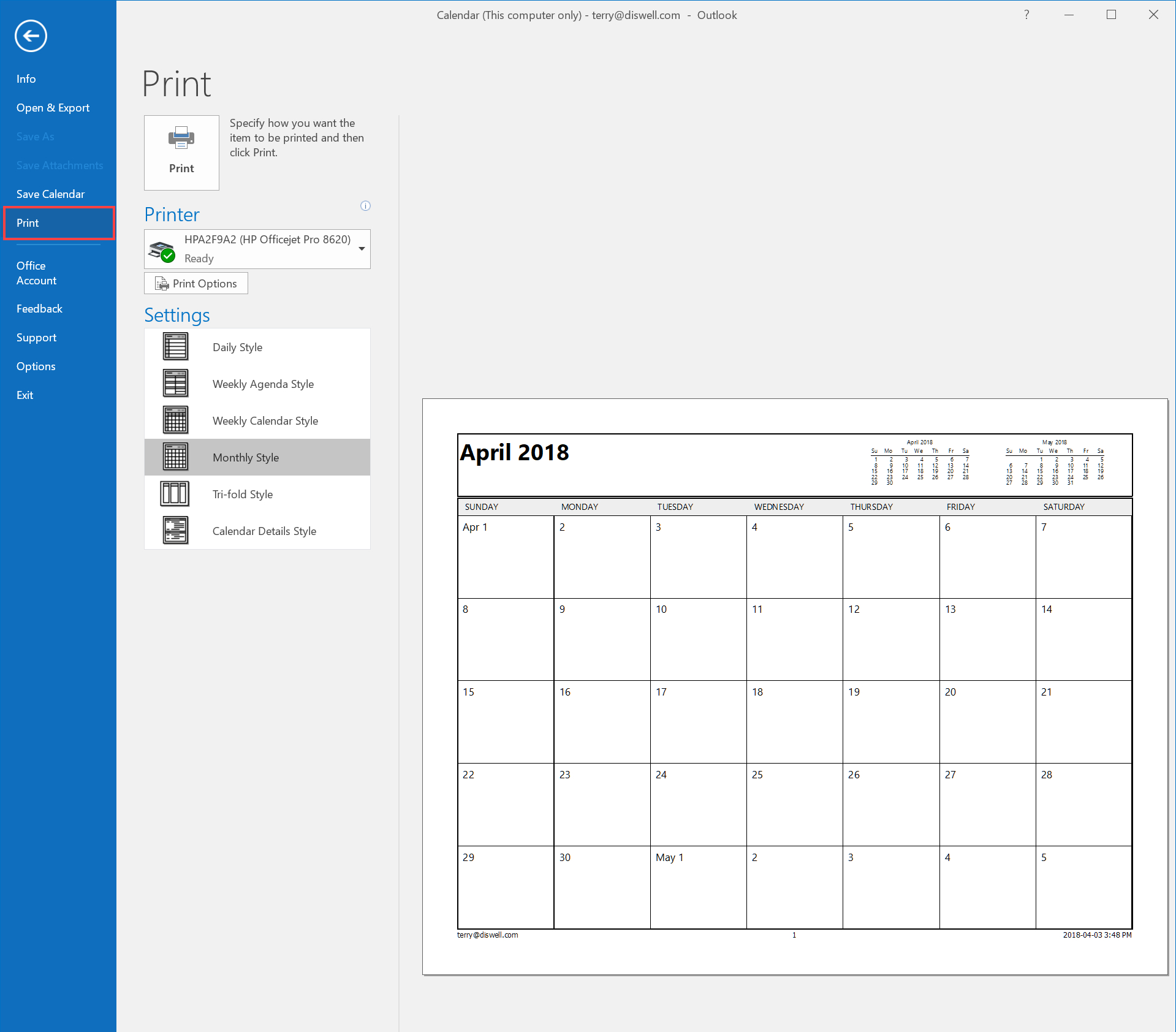 Print Calendar Office 365