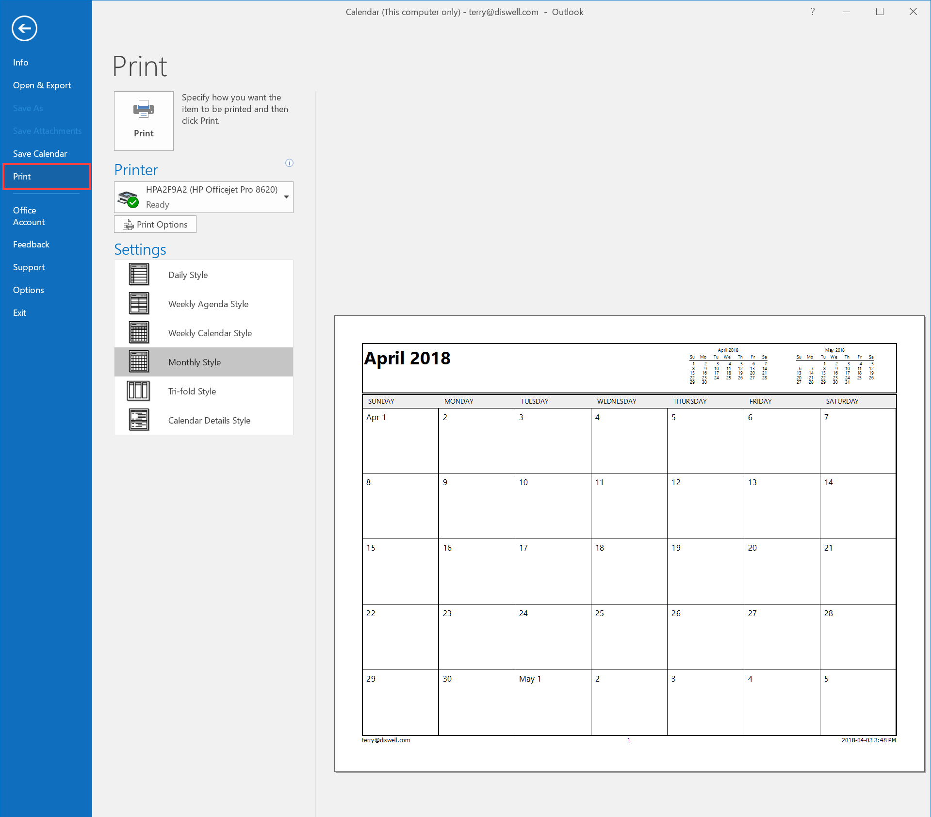 How To Email Or Print Your Calendar In Outlook 2016