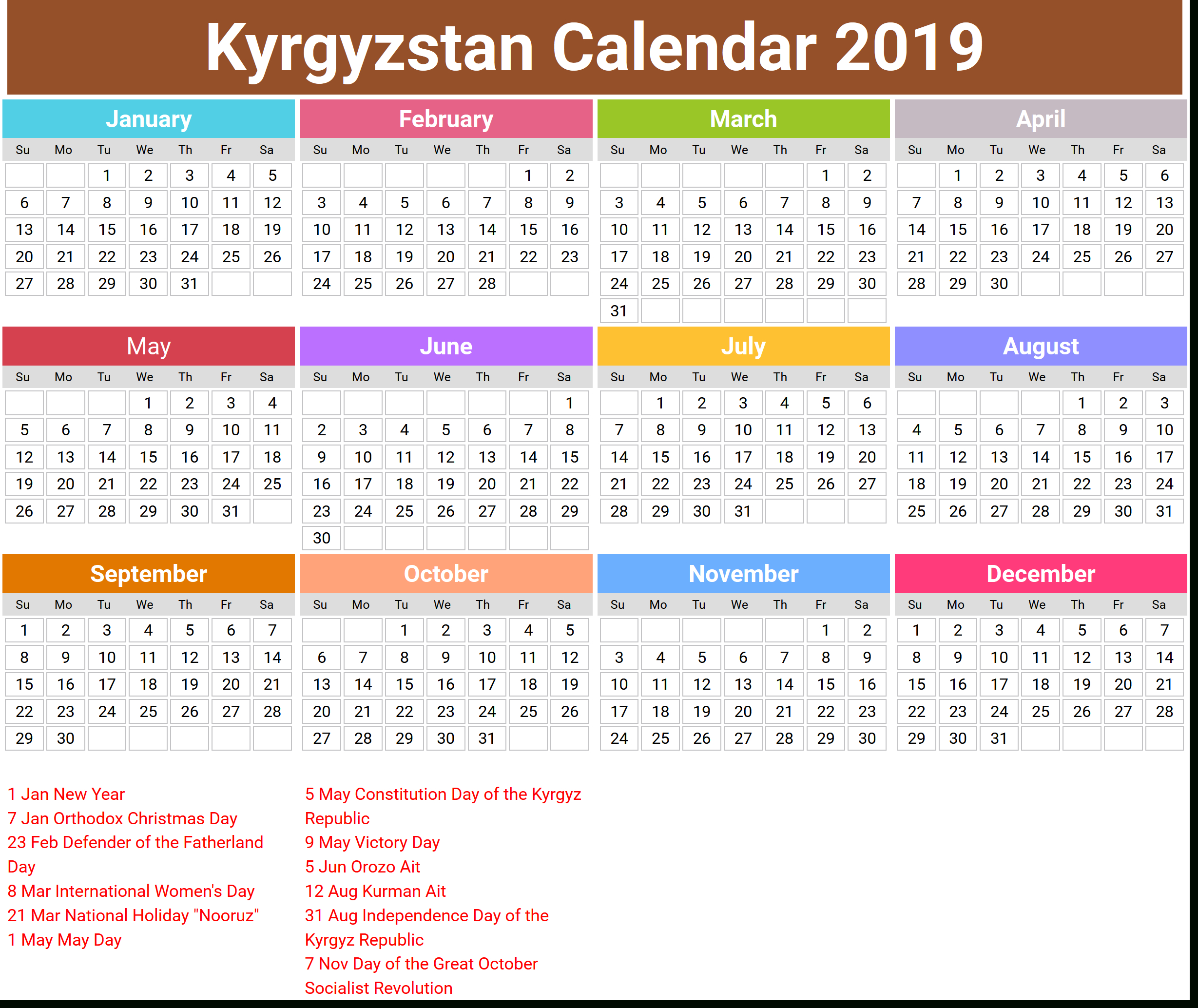 Image For Annual Kyrgyzstan Calendar 2019 | Картинки