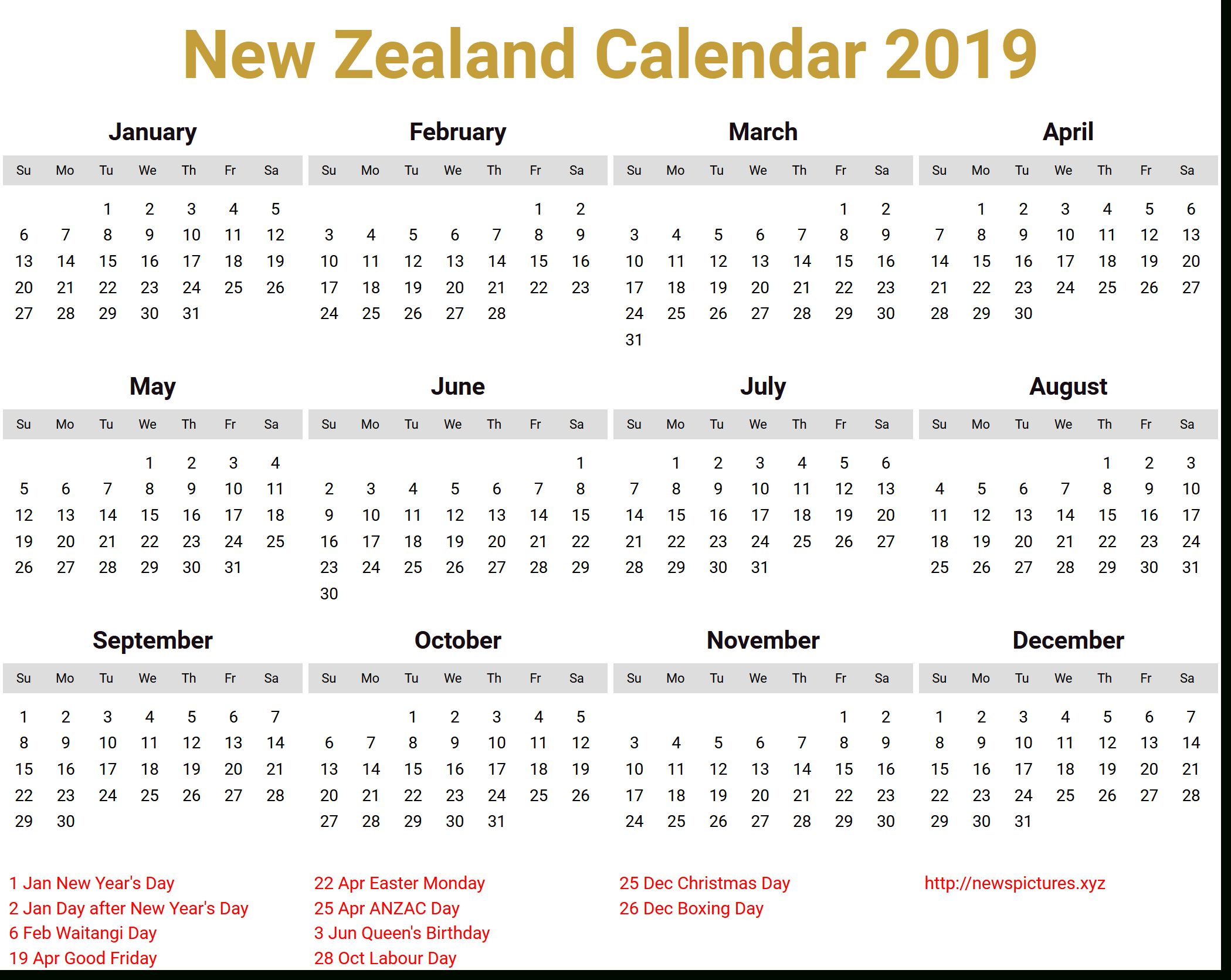 Image For New Zealand Calendar 2019 Download | National