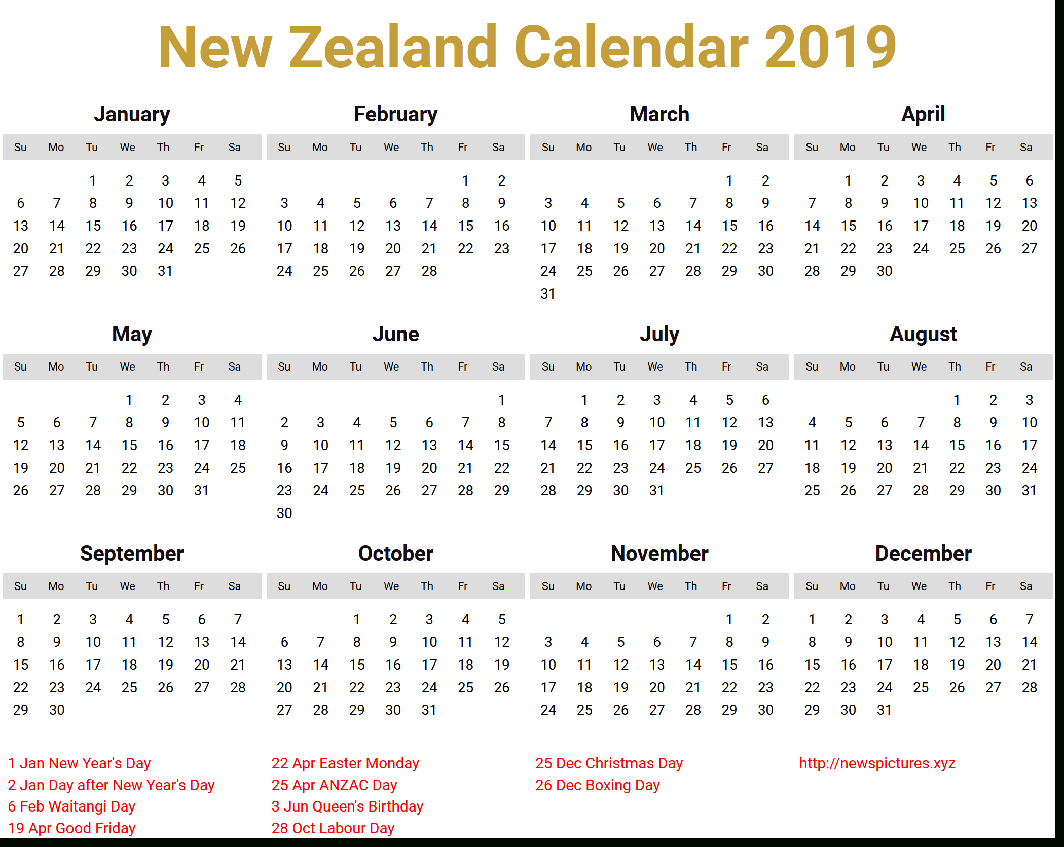 Print Calendar New Zealand