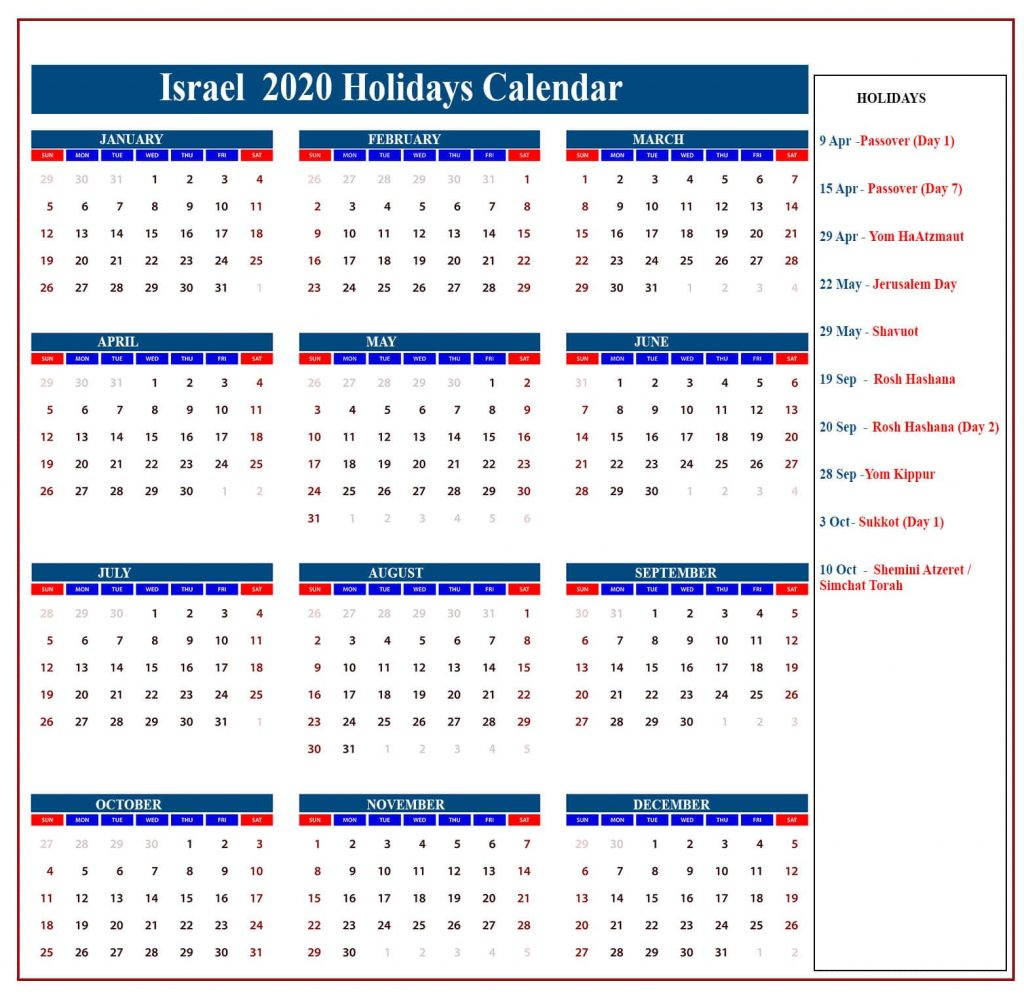 Israel Holidays Calendar 2020 | Israel Jewish Holidays 2020