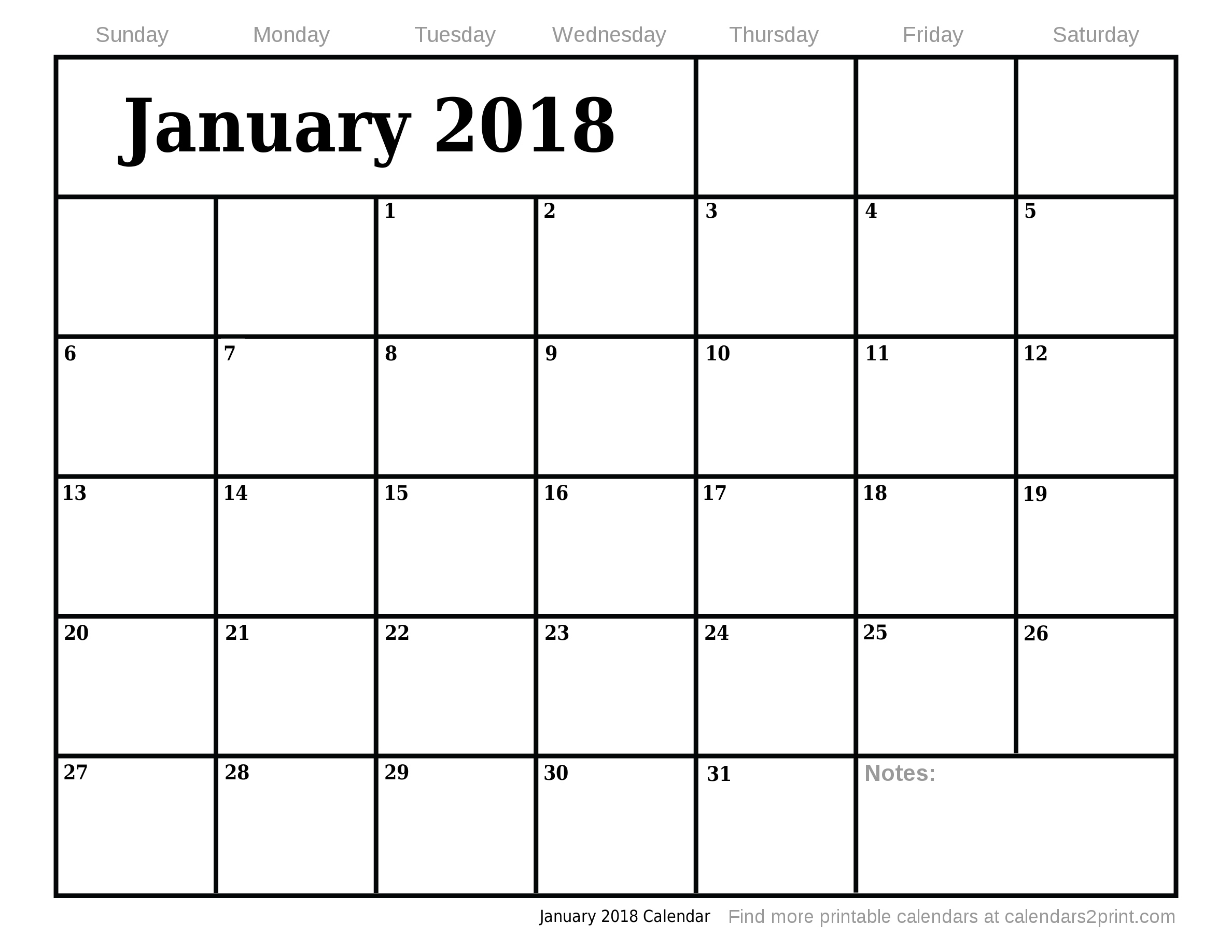 January 2018 Printable Calendar