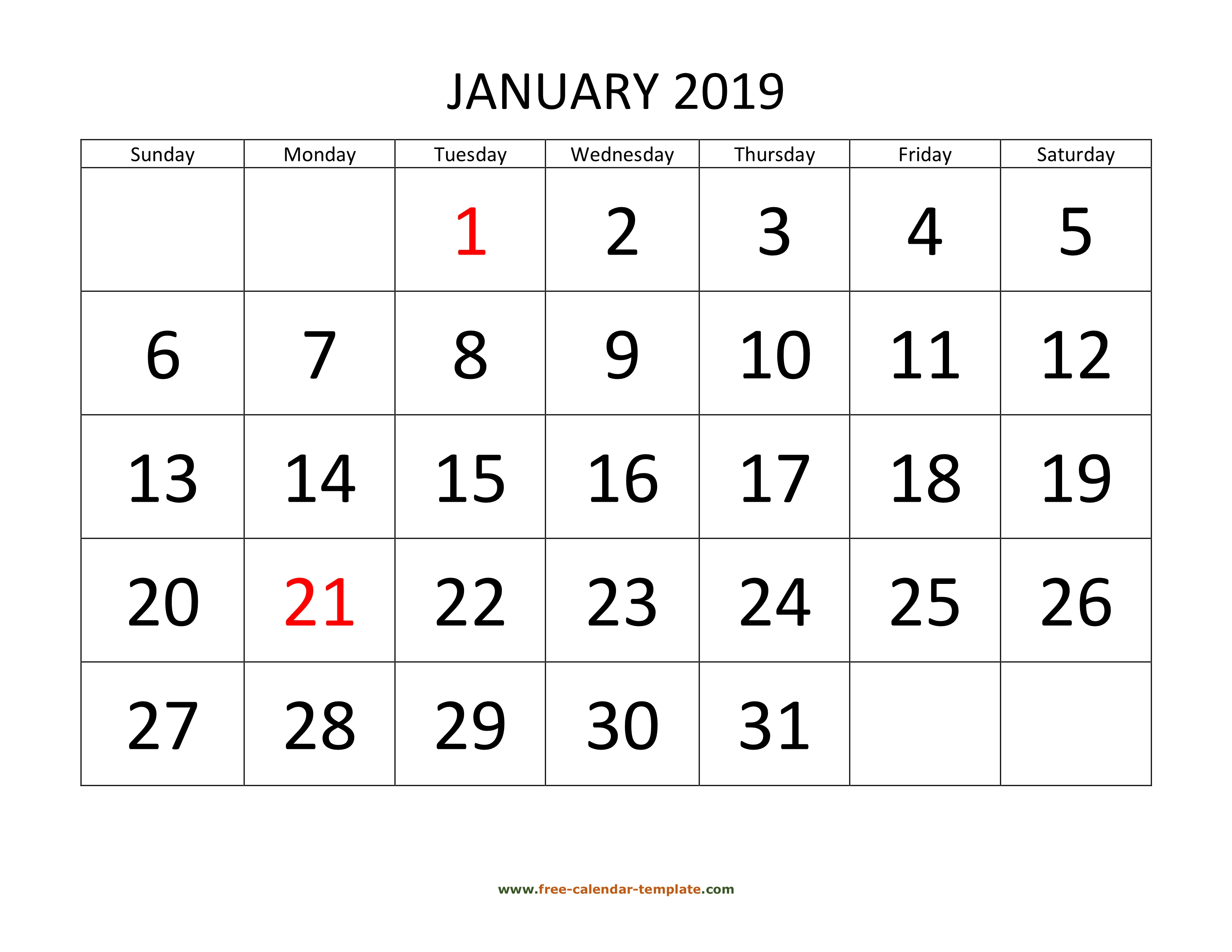January 2019 Calendar Designed With Large Font (Horizontal