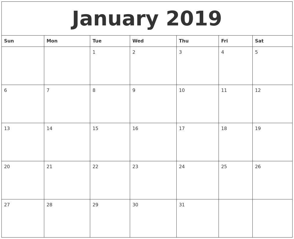 January 2019 Calendar For Vertical Template | Free Printable