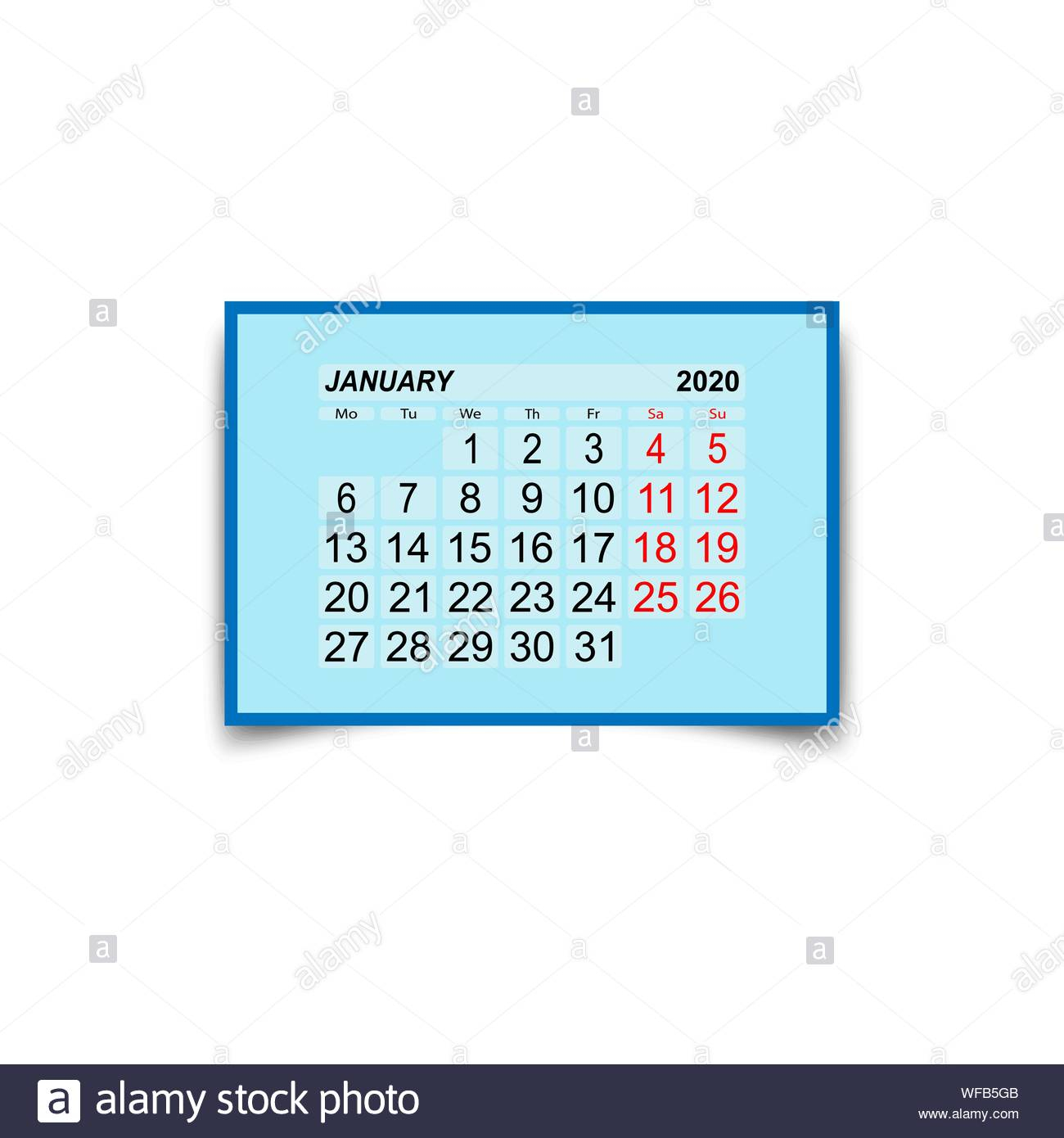 January 2020. A Calendar Sheet With Two Days Off Per Week