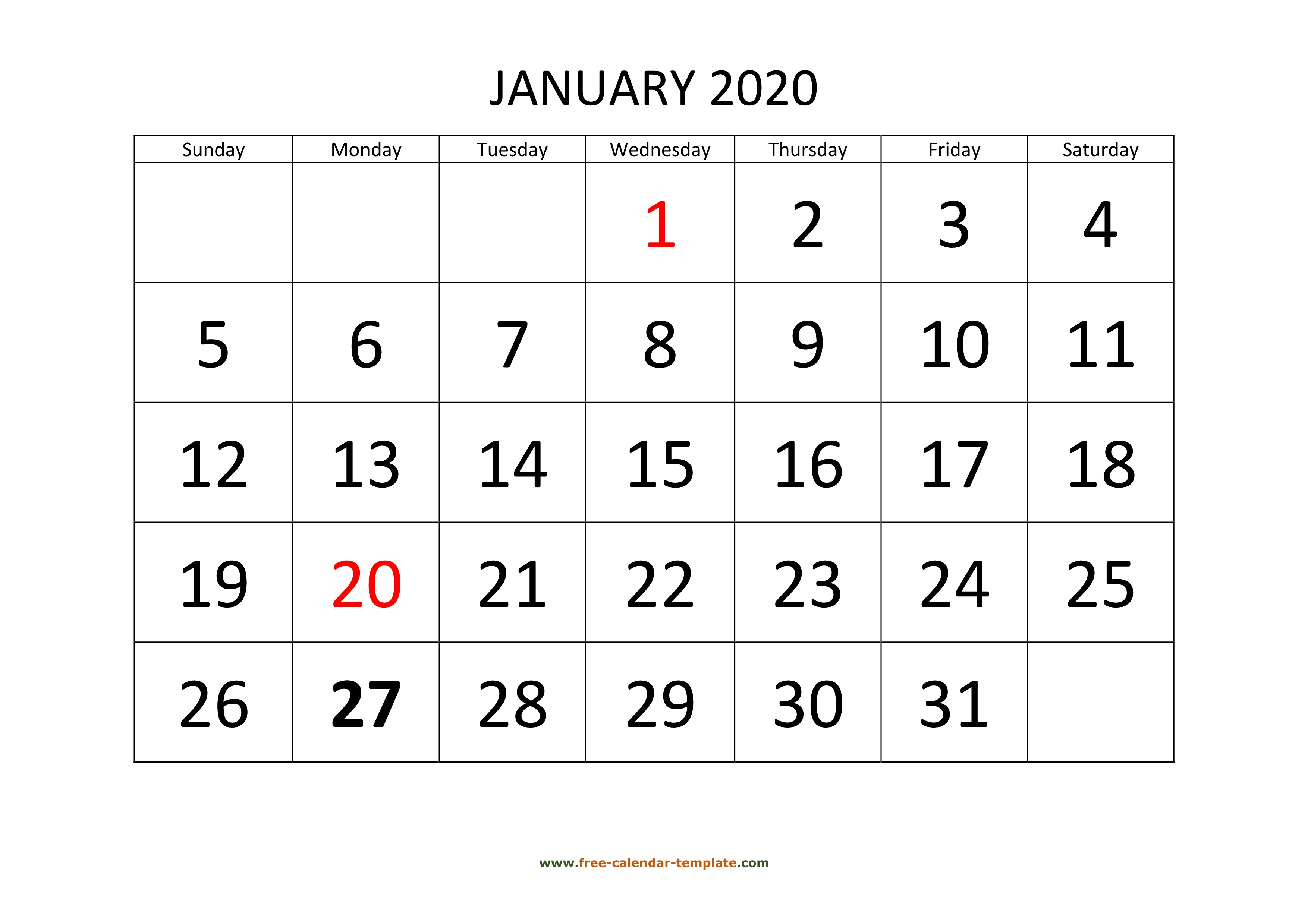 January 2020 Calendar Designed With Large Font (Horizontal