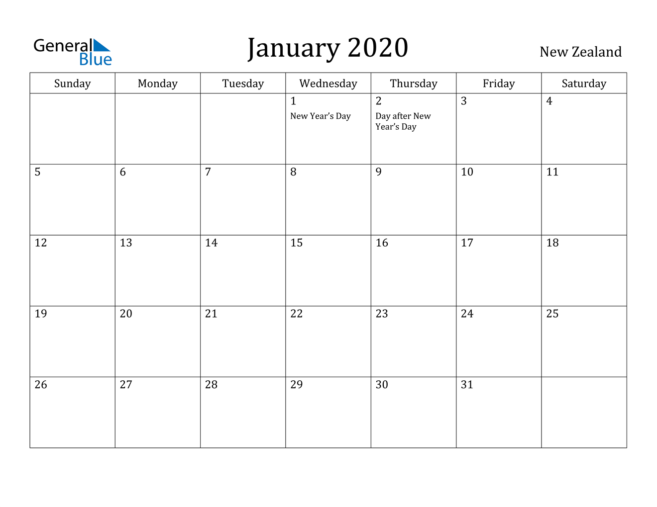 January 2020 Calendar - New Zealand