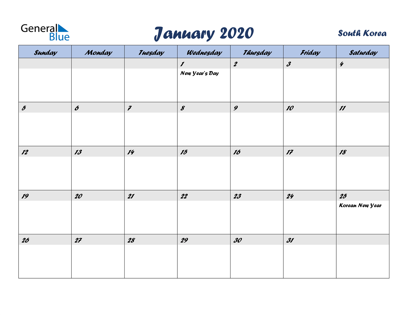 January 2020 Calendar - South Korea