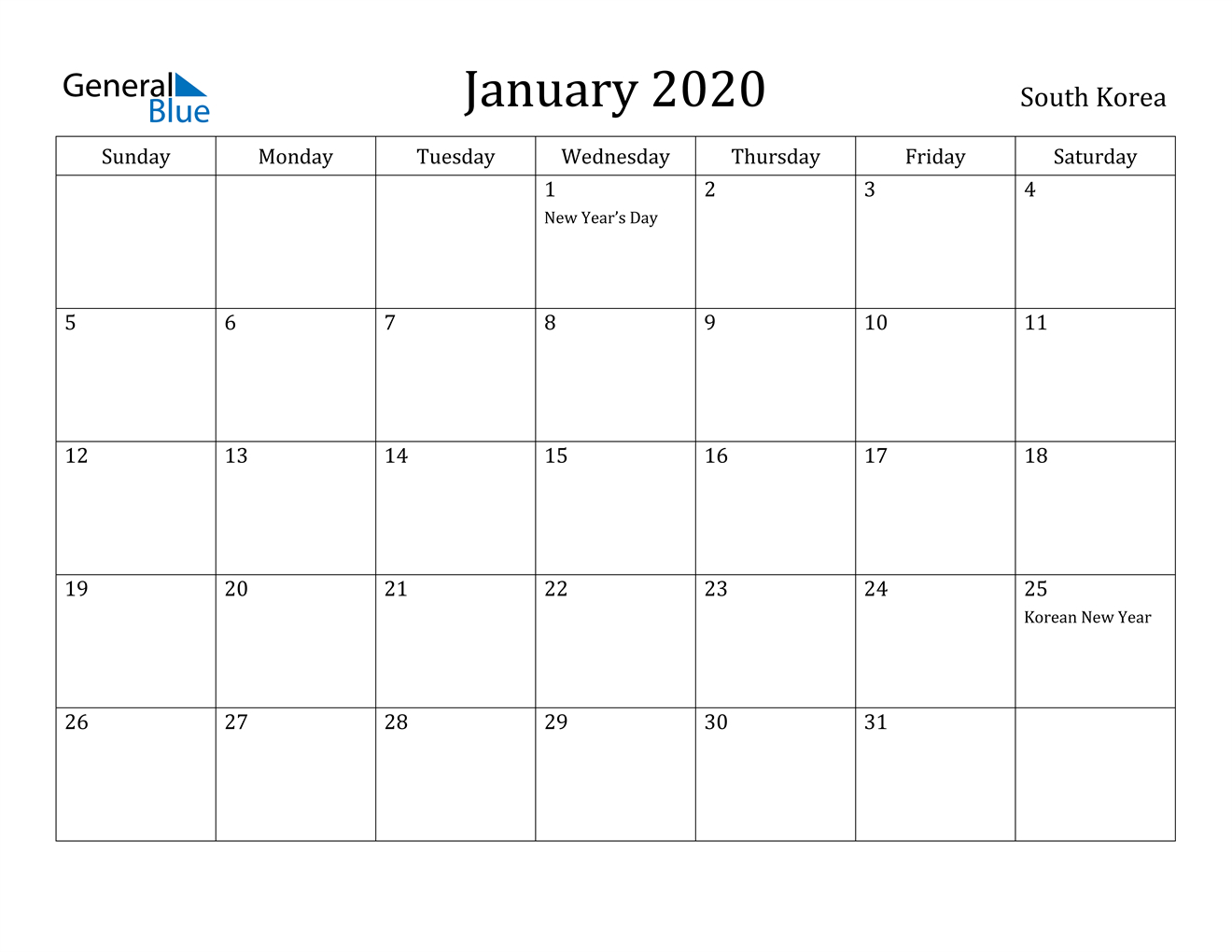 January 2020 Calendar - South Korea