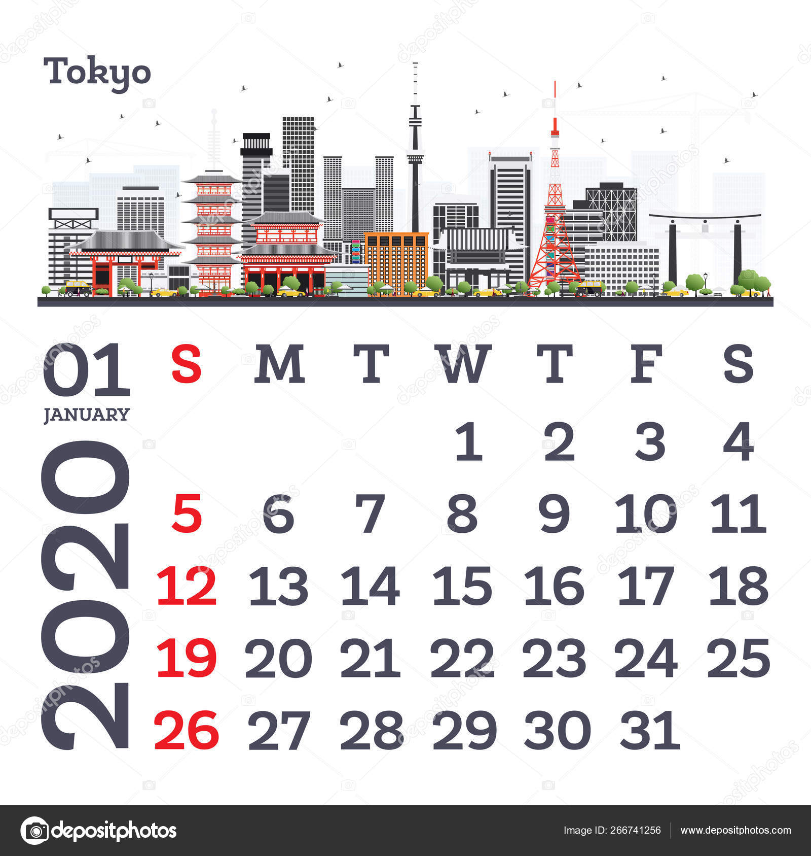 January 2020 Calendar Template With Tokyo City Skyline