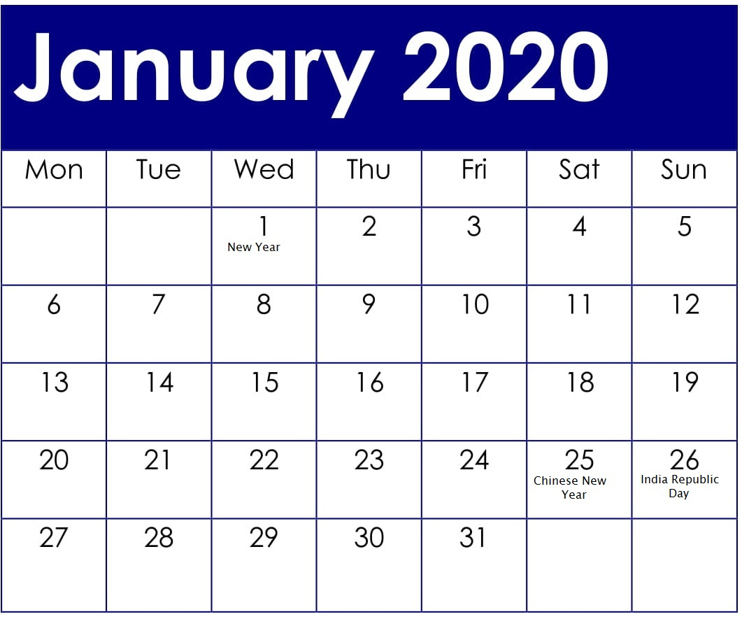 January 2020 Calendar With American Holidays And Events