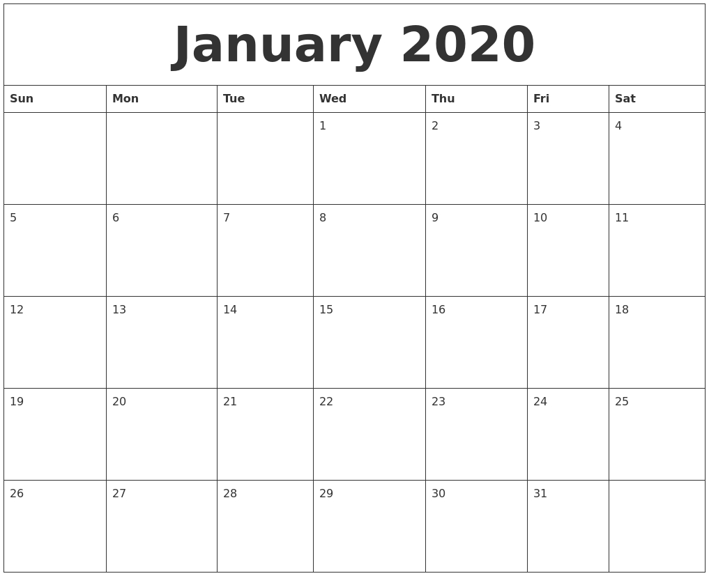 January 2020 Print Online Calendar