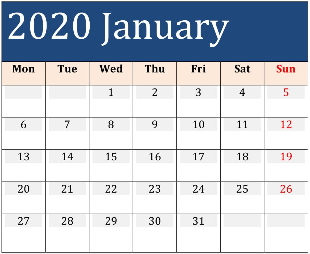 January 2020 Printable Calendar Large Print – Free Latest