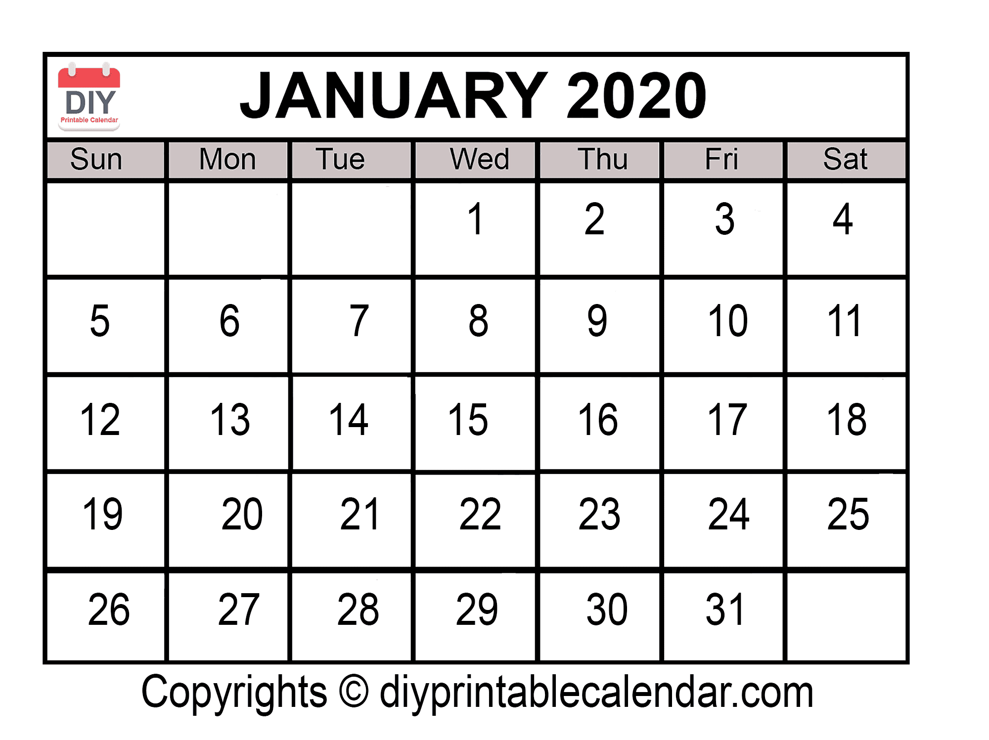 January 2020 Printable Calendar Template