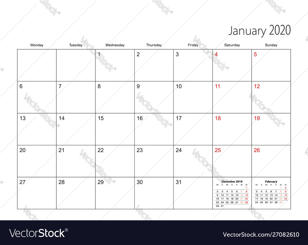 January 2020 Simple Calendar Planner Week Starts