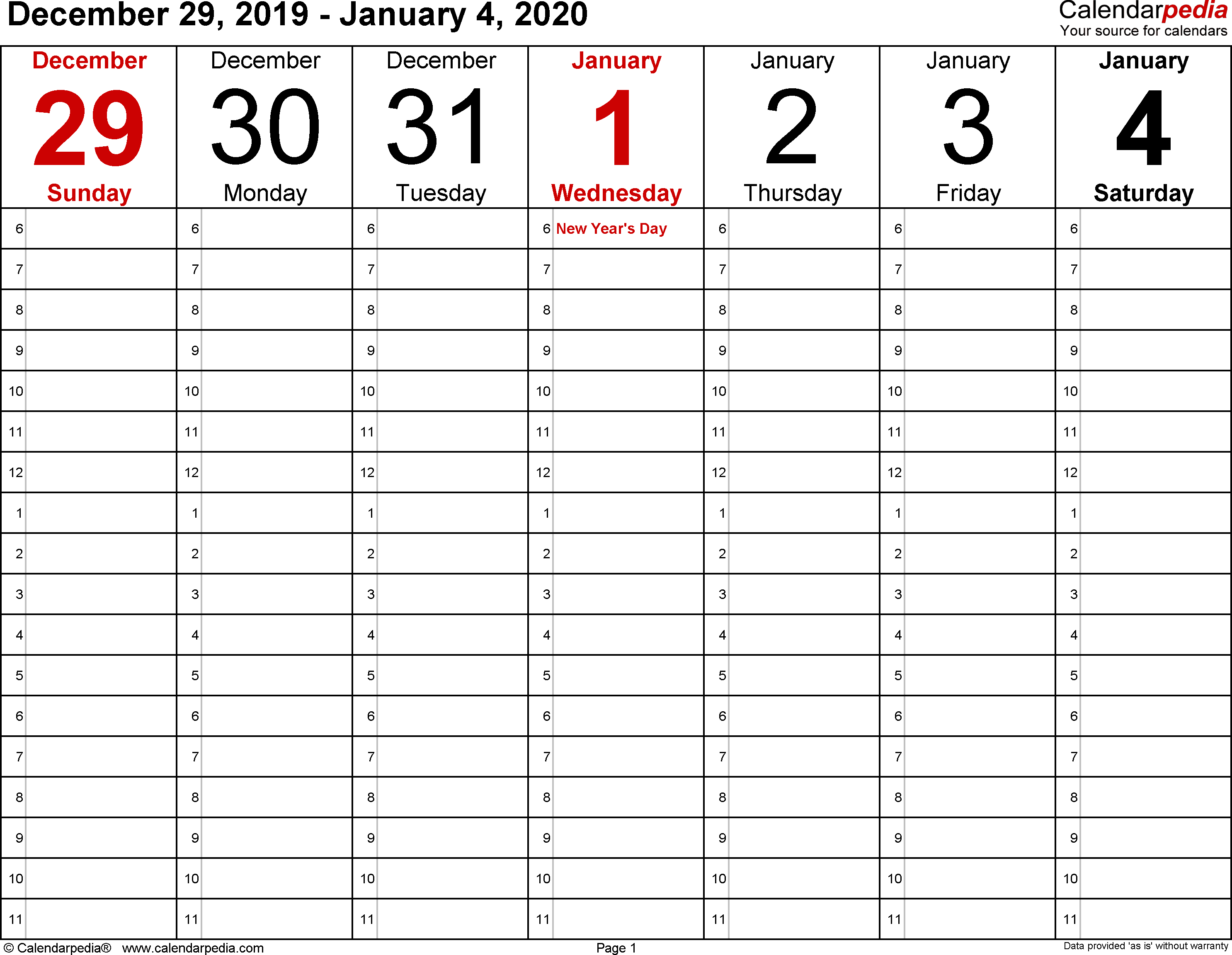 January 2020 Weekly Calendar | Calendar 2019 Template