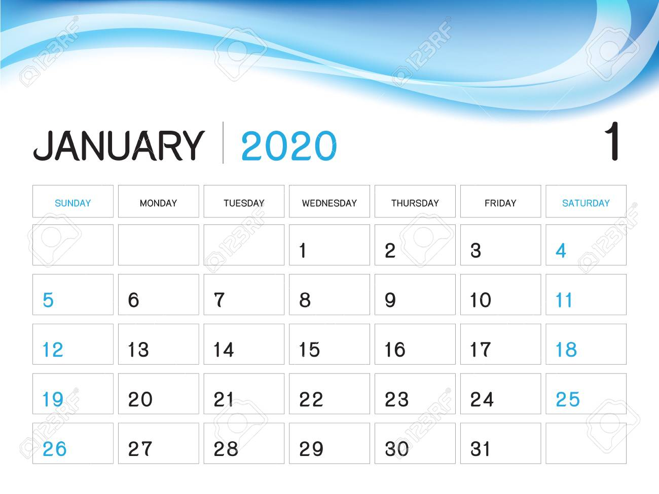 January 2020 Year Template, Calendar 2020 Vector, Desk Calendar..