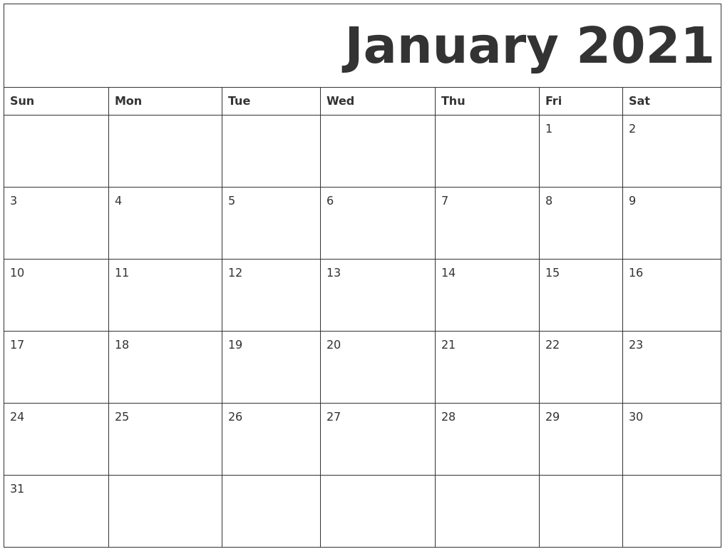 January 2021 Free Printable Calendar