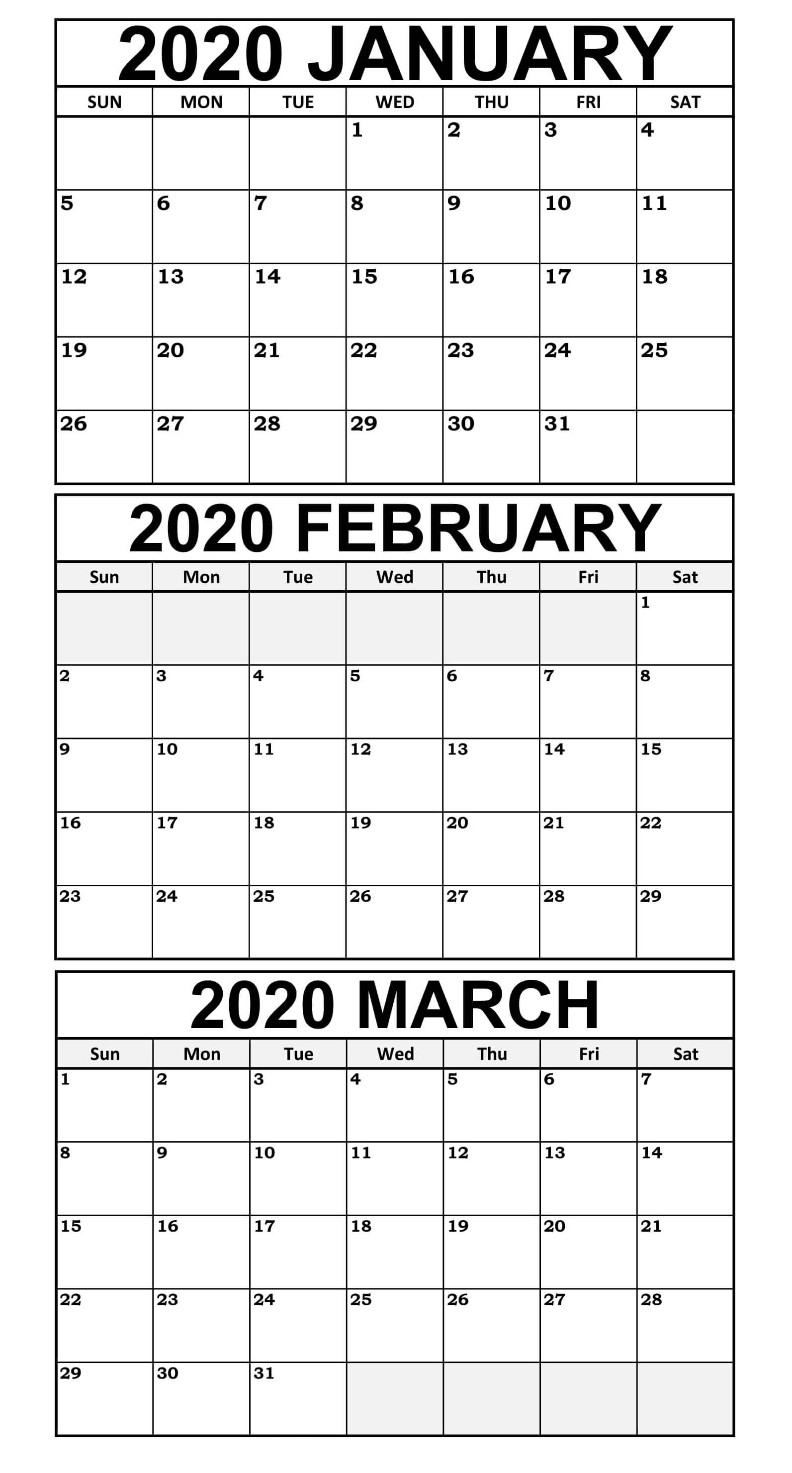 Calendar 2020 January To March Calendar Printables Free Templates