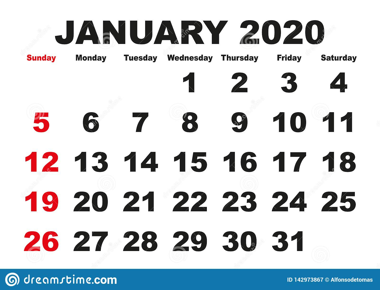January Month Calendar 2020 English Usa Stock Vector