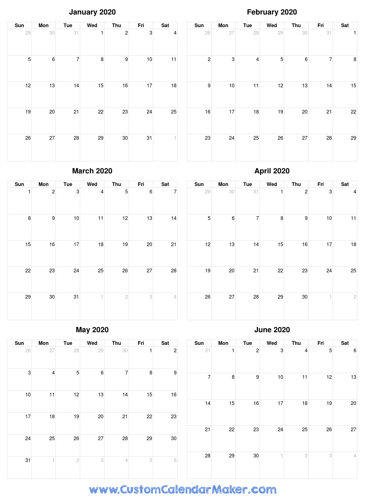 January To June 2020 Calendar, Free Printable Pdf