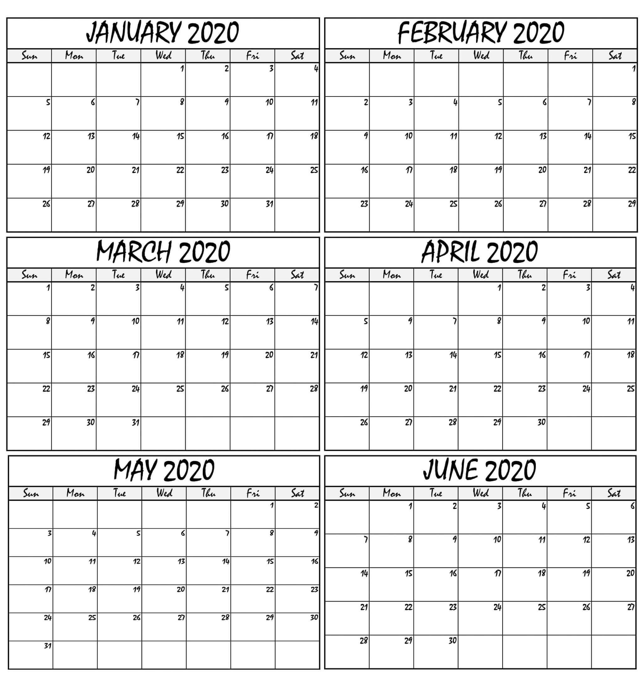 January To June 2020 Calendar Printable - 2019 Calendars For