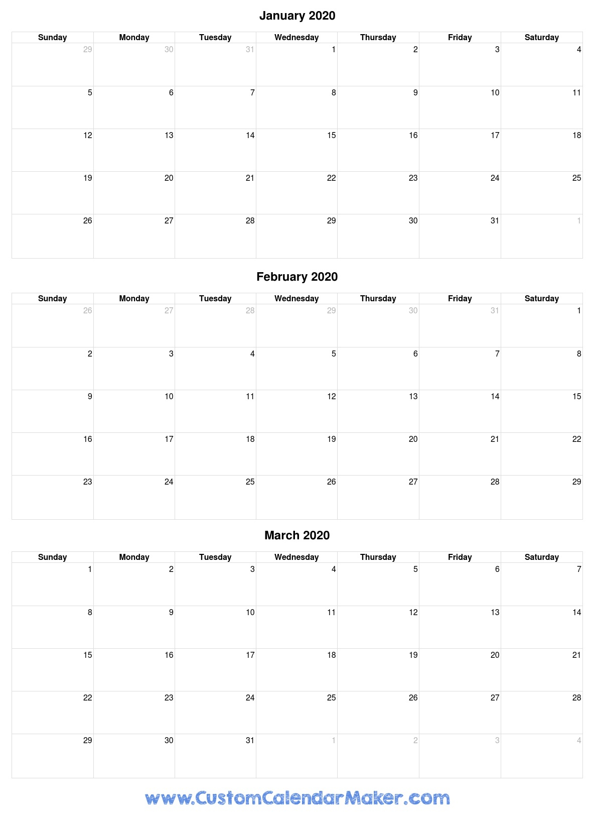 January To March 2020 Calendar