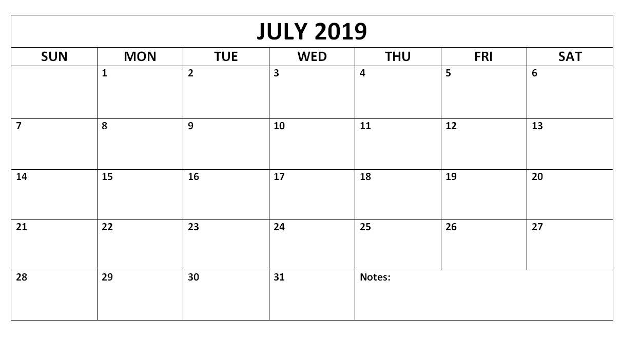 July 2019 Blank Calendar Waterproof | Printable Calendar