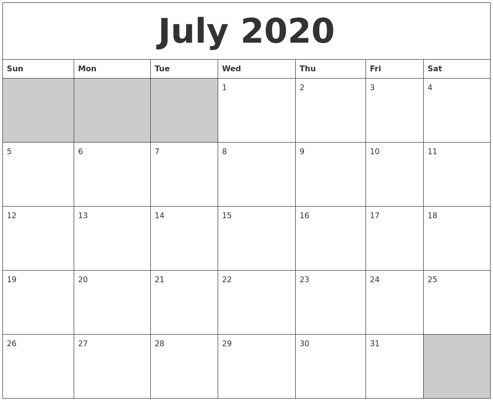 July 2020 Blank Printable Calendar