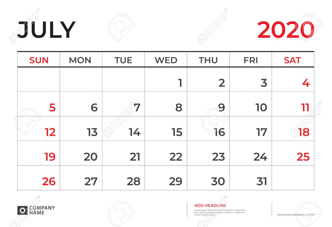 July 2020 Calendar Template, Desk Calendar Layout Size 9.5 X..