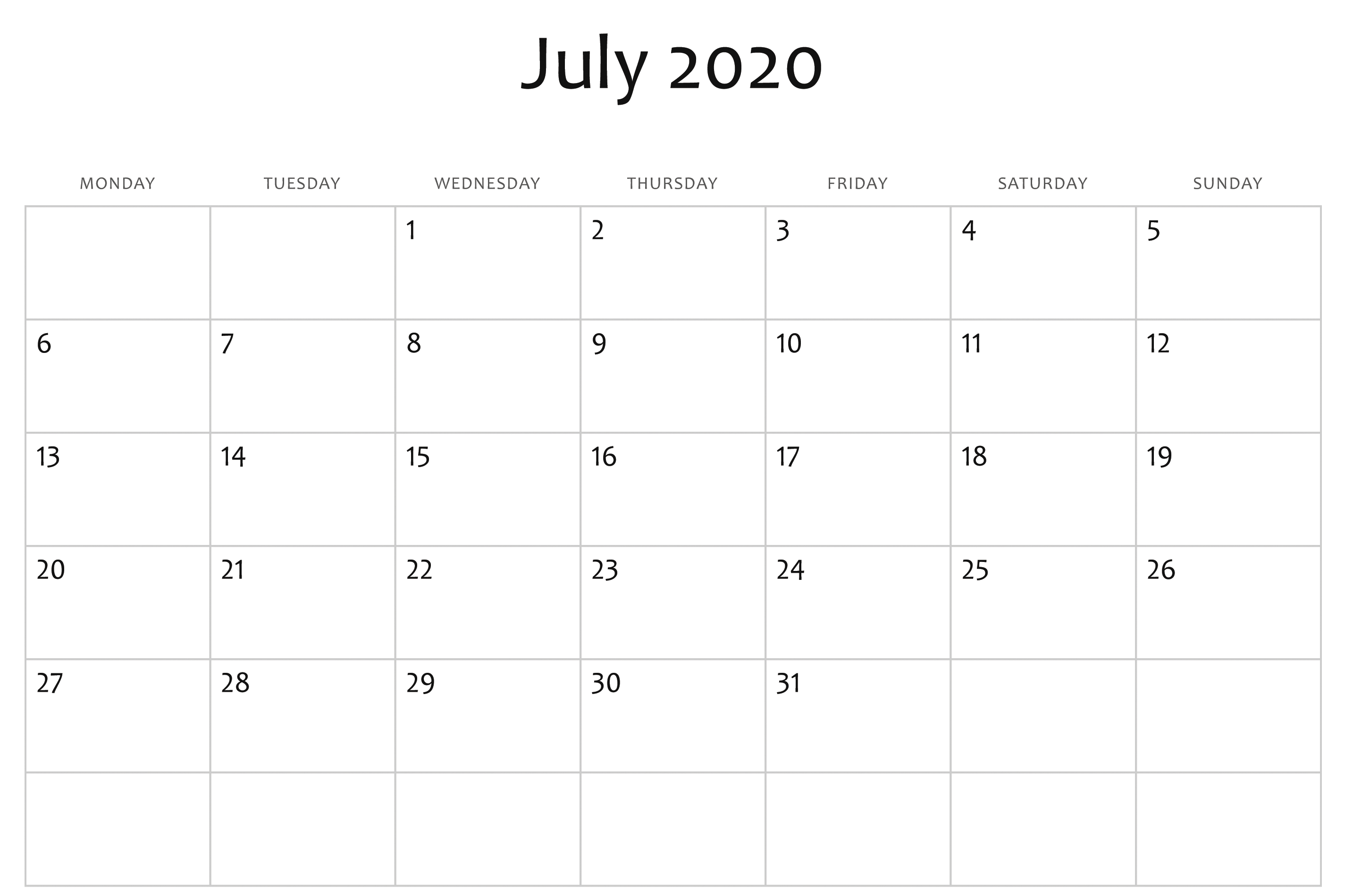 July 2020 Calendar Word | July Calendar, Free Printable