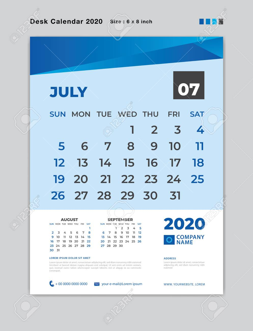 July 2020 Month Template, Desk Calendar For 2020 Year, Week Start..