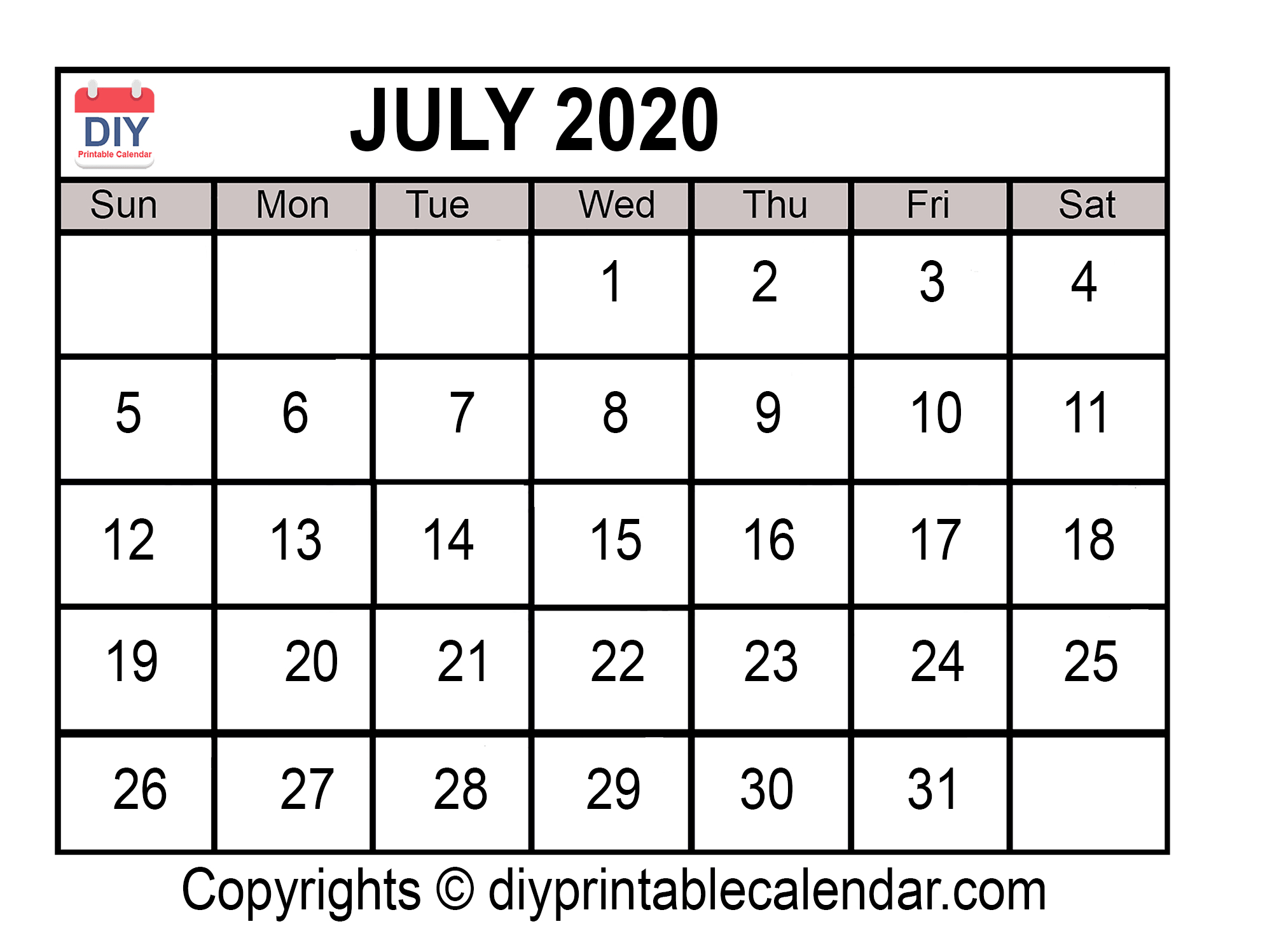 July 2020 Printable Calendar Template