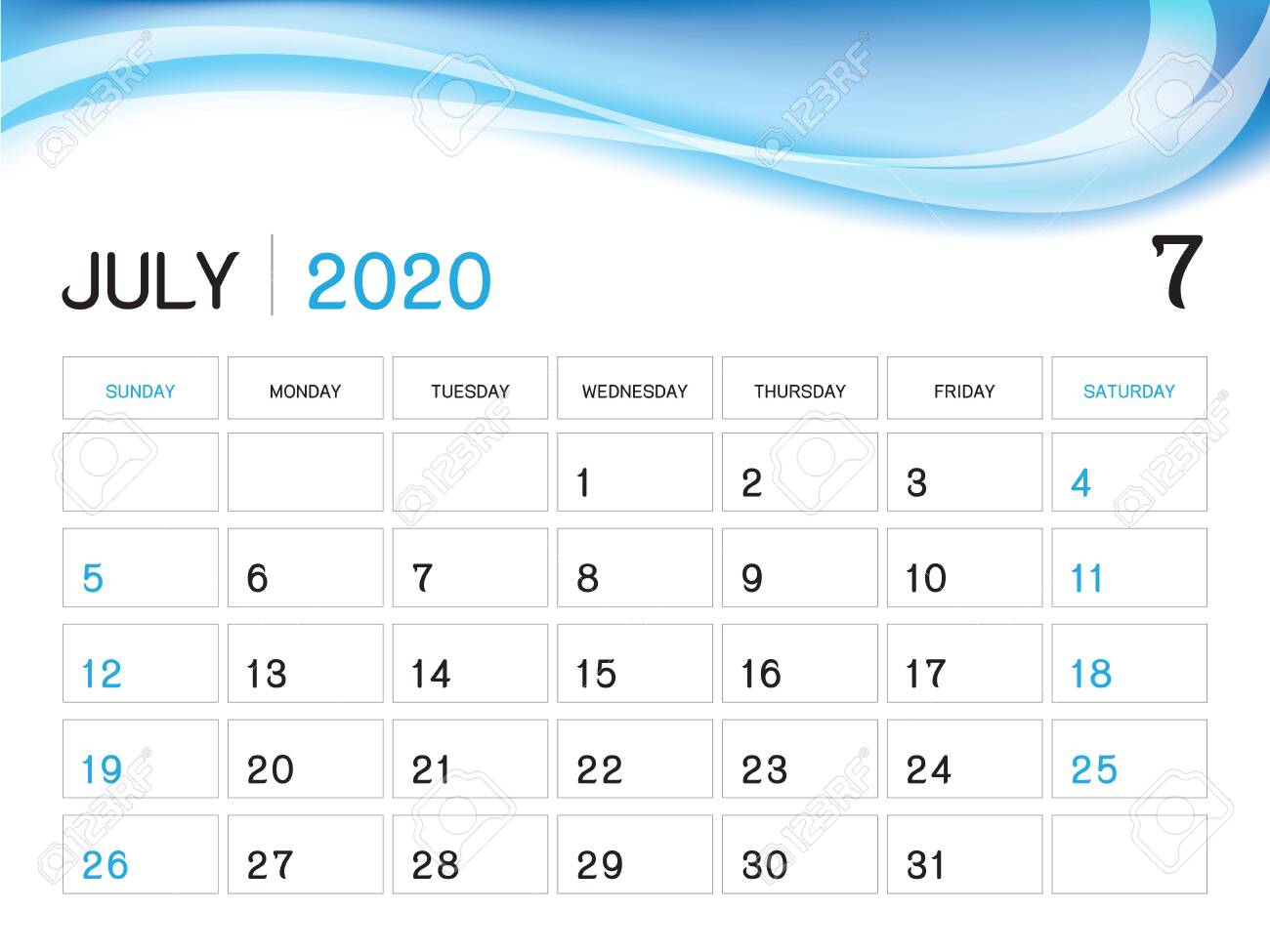 July 2020 Year Template, Calendar 2020 Vector, Desk Calendar..