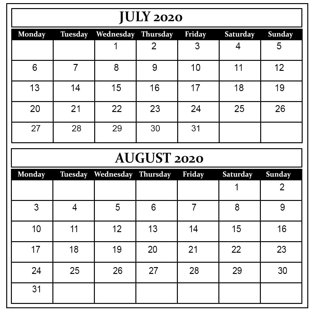 printable calendar july august 2020 calendar printables