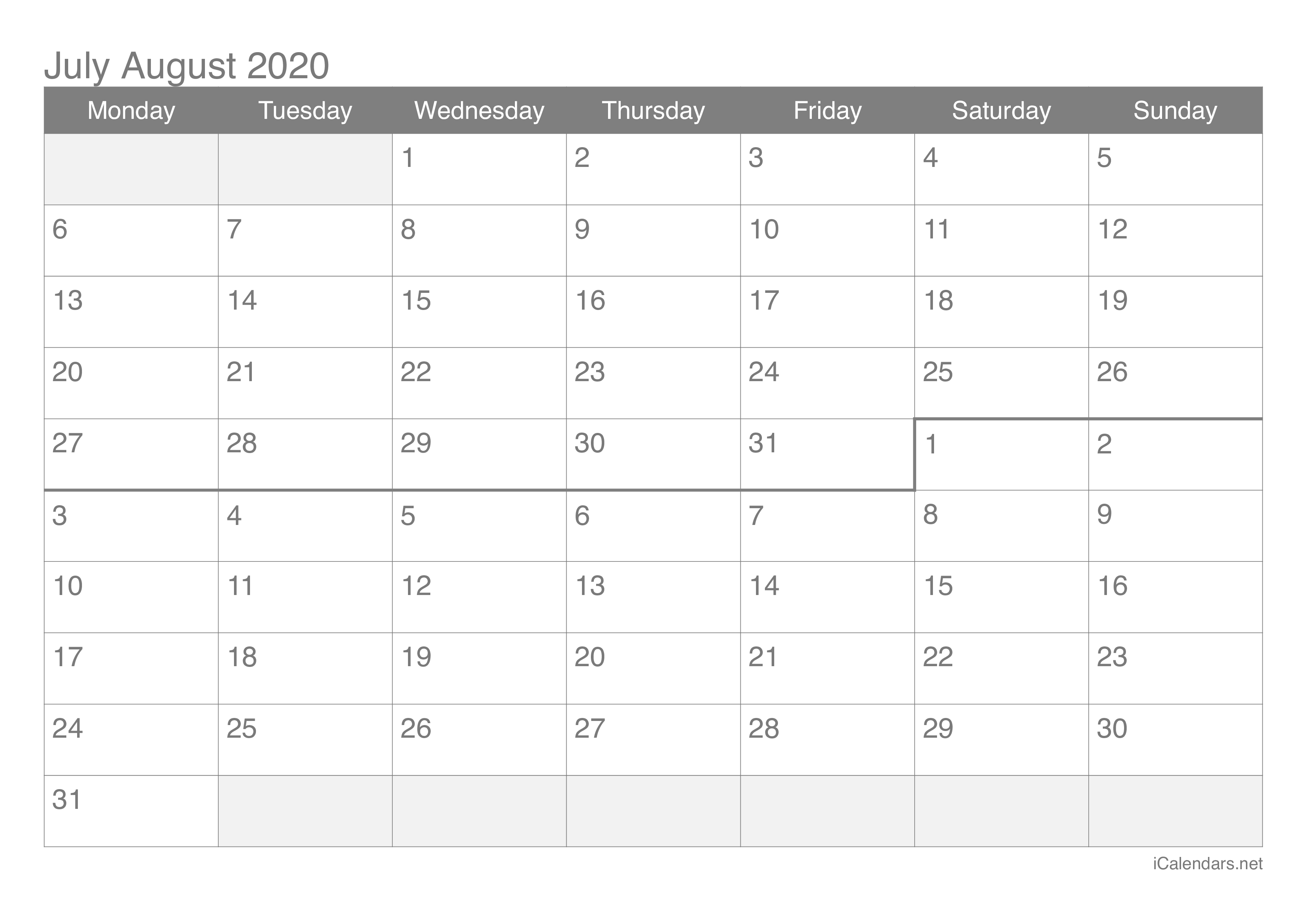 Calendar 2020 July August