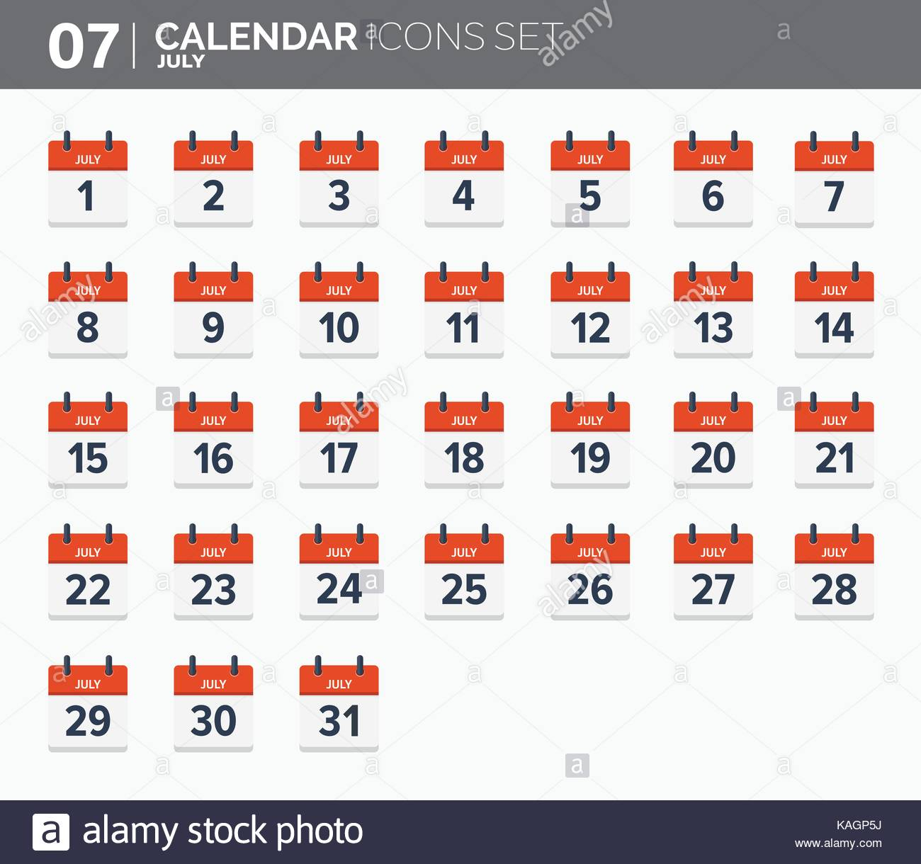 July. Calendar Icons Set. Date And Time. 2018 Year Stock