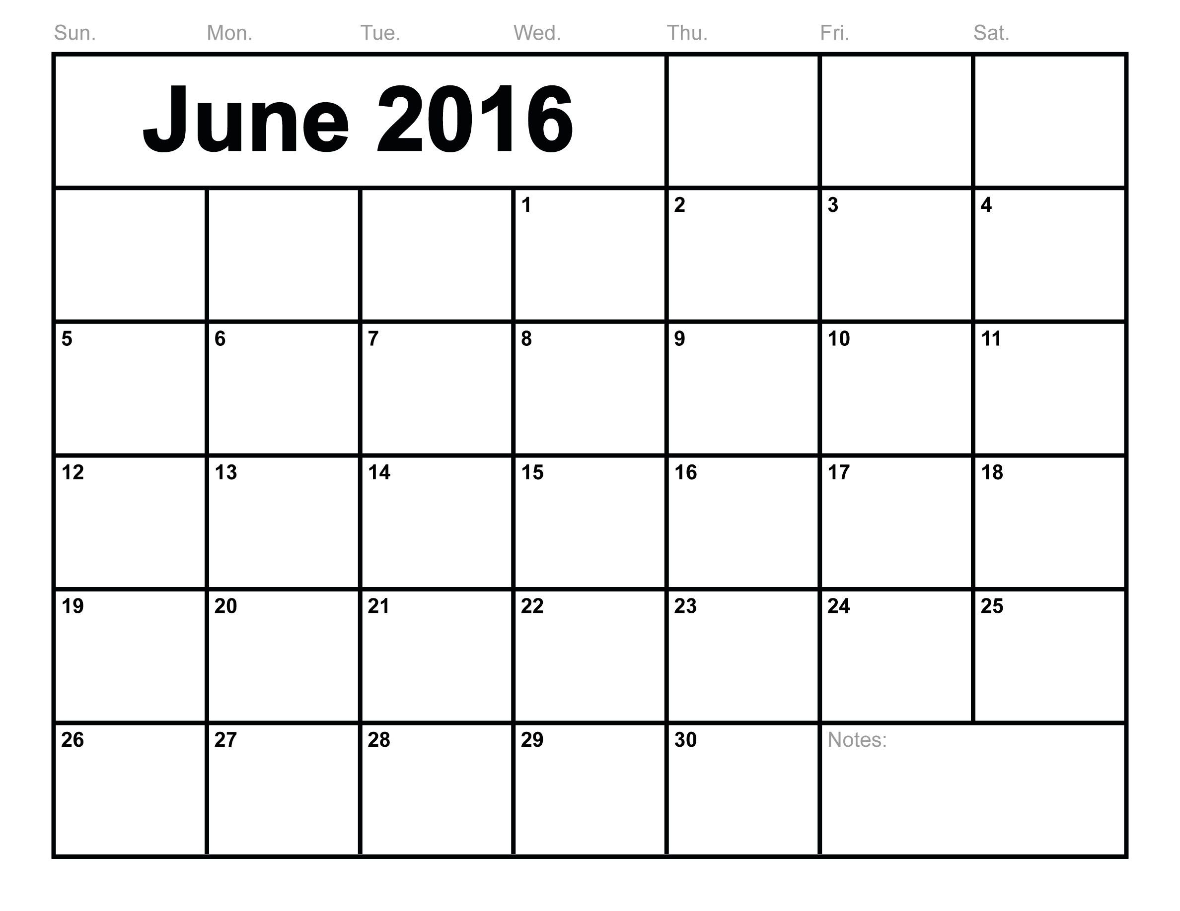 June 2016 Calendar Printable Monthly Blank Calendar 2016