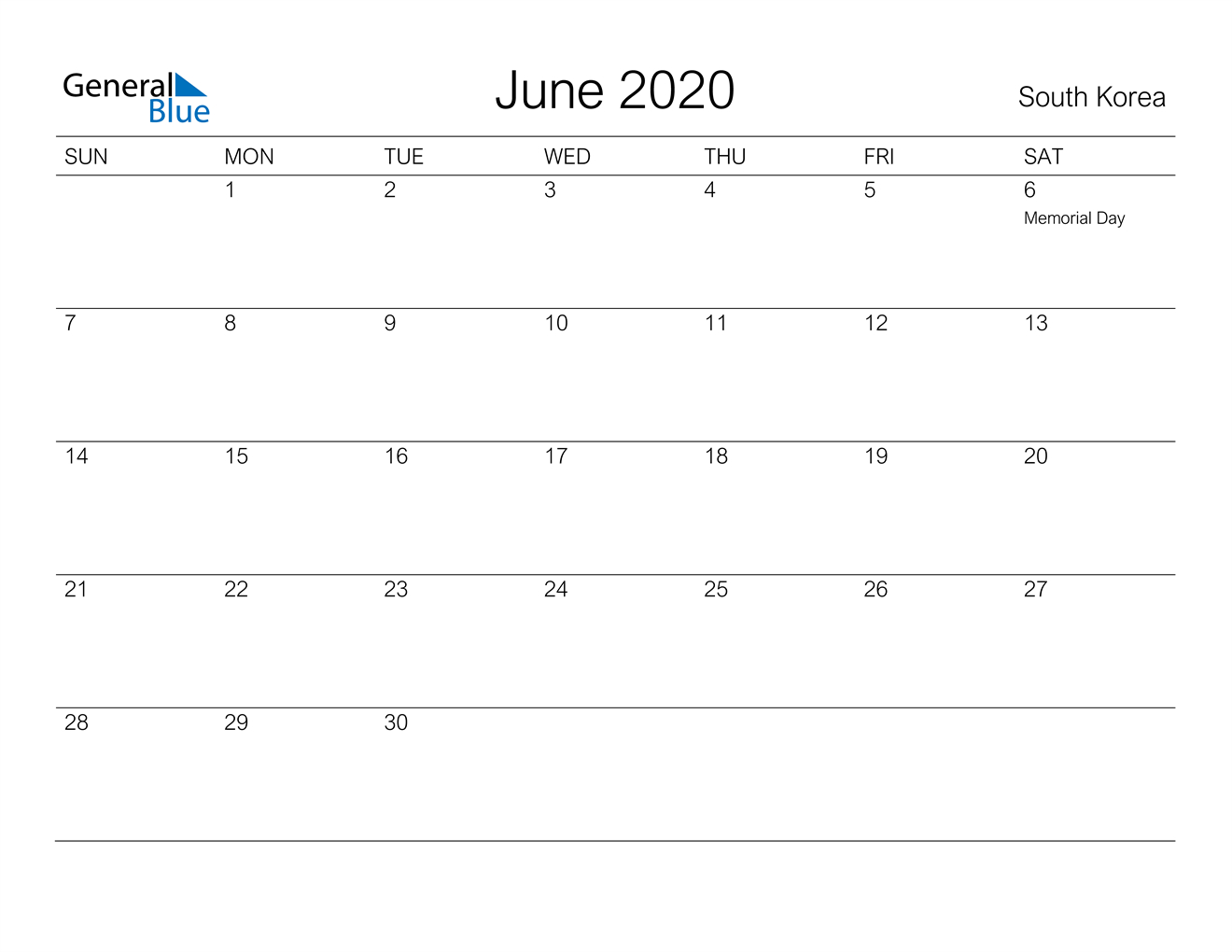 June 2020 Calendar - South Korea