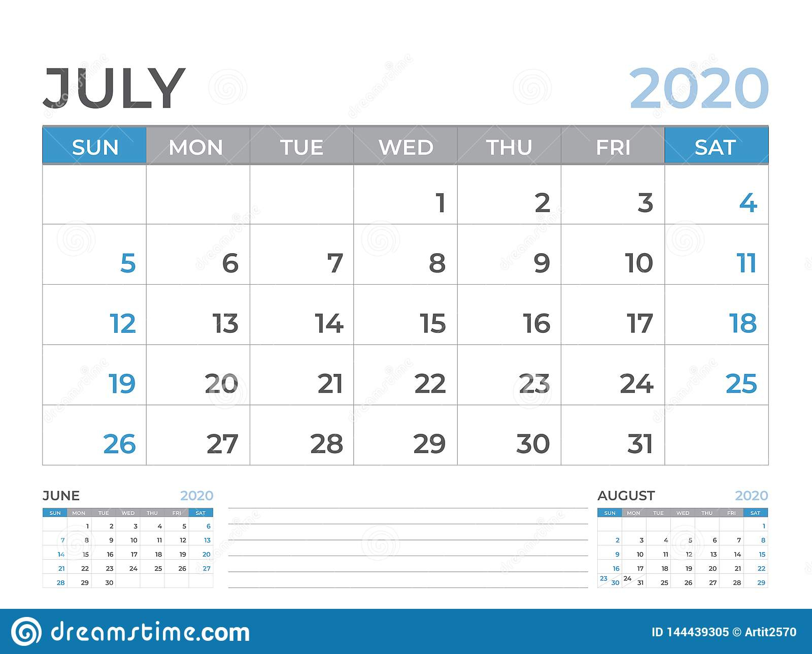 June 2020 Calendar Template, Desk Calendar Layout Size 8 X 6