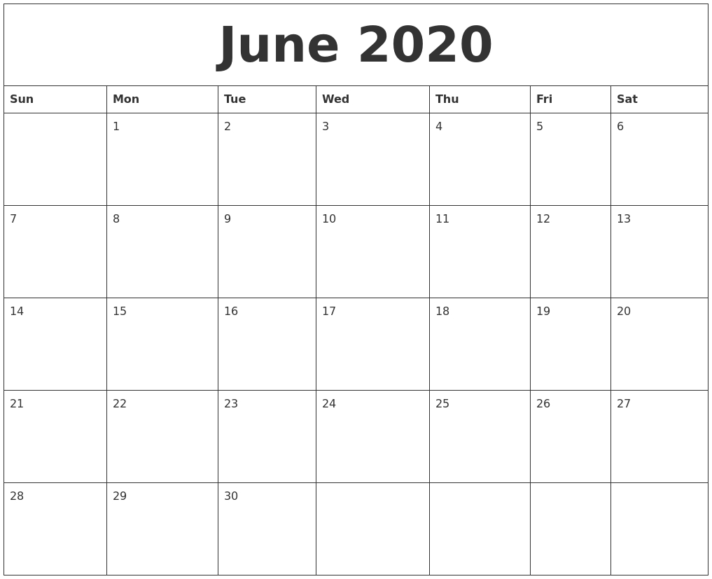 June 2020 Online Printable Calendar
