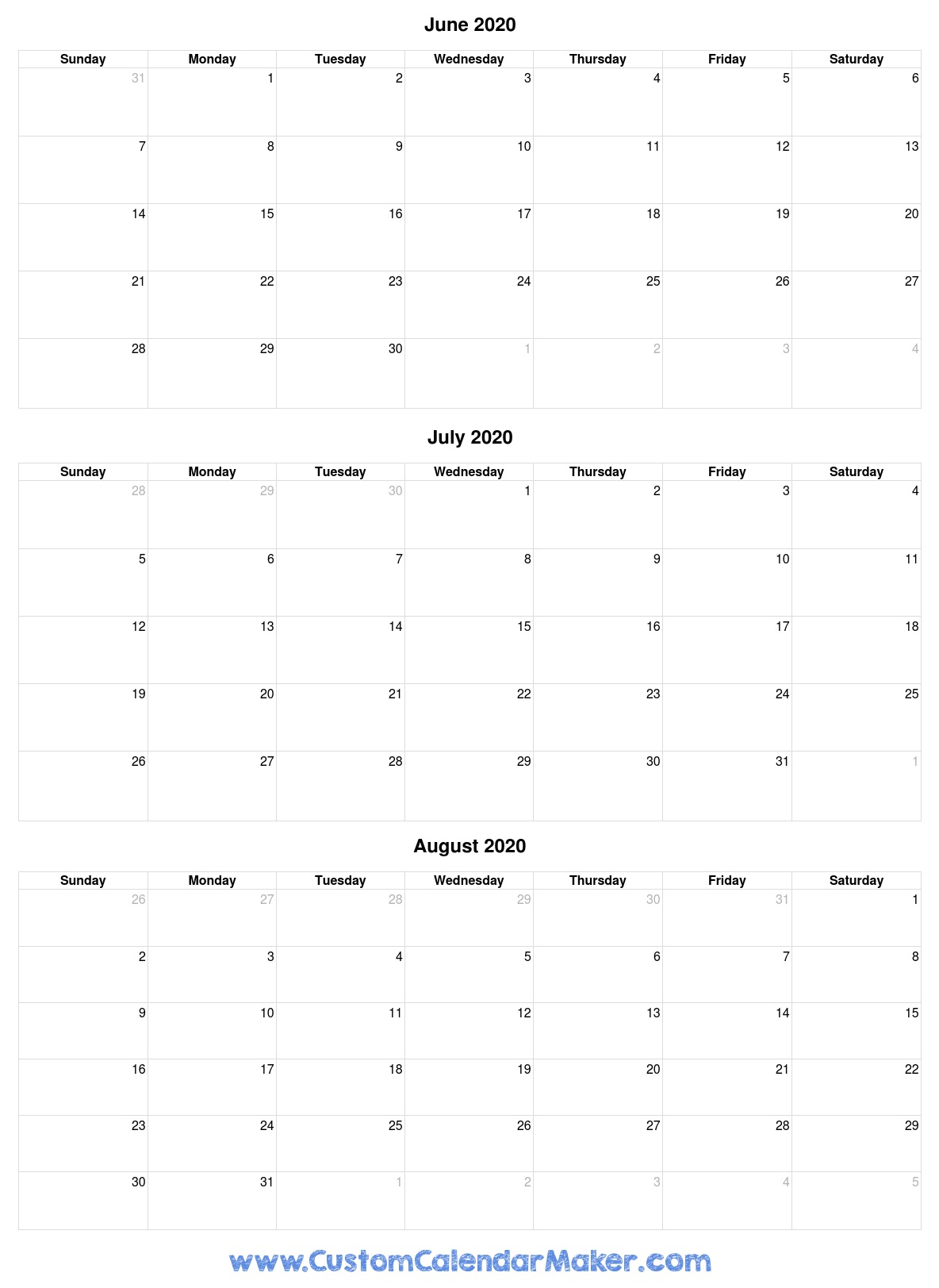 June To August 2020 Calendar