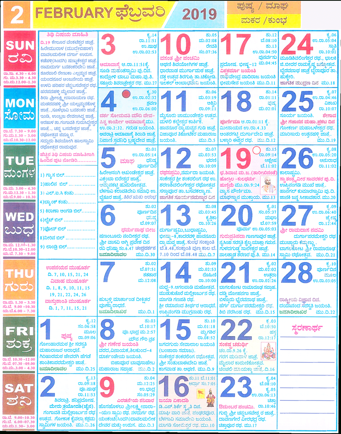 Kannada Calendar February 2019 | Year