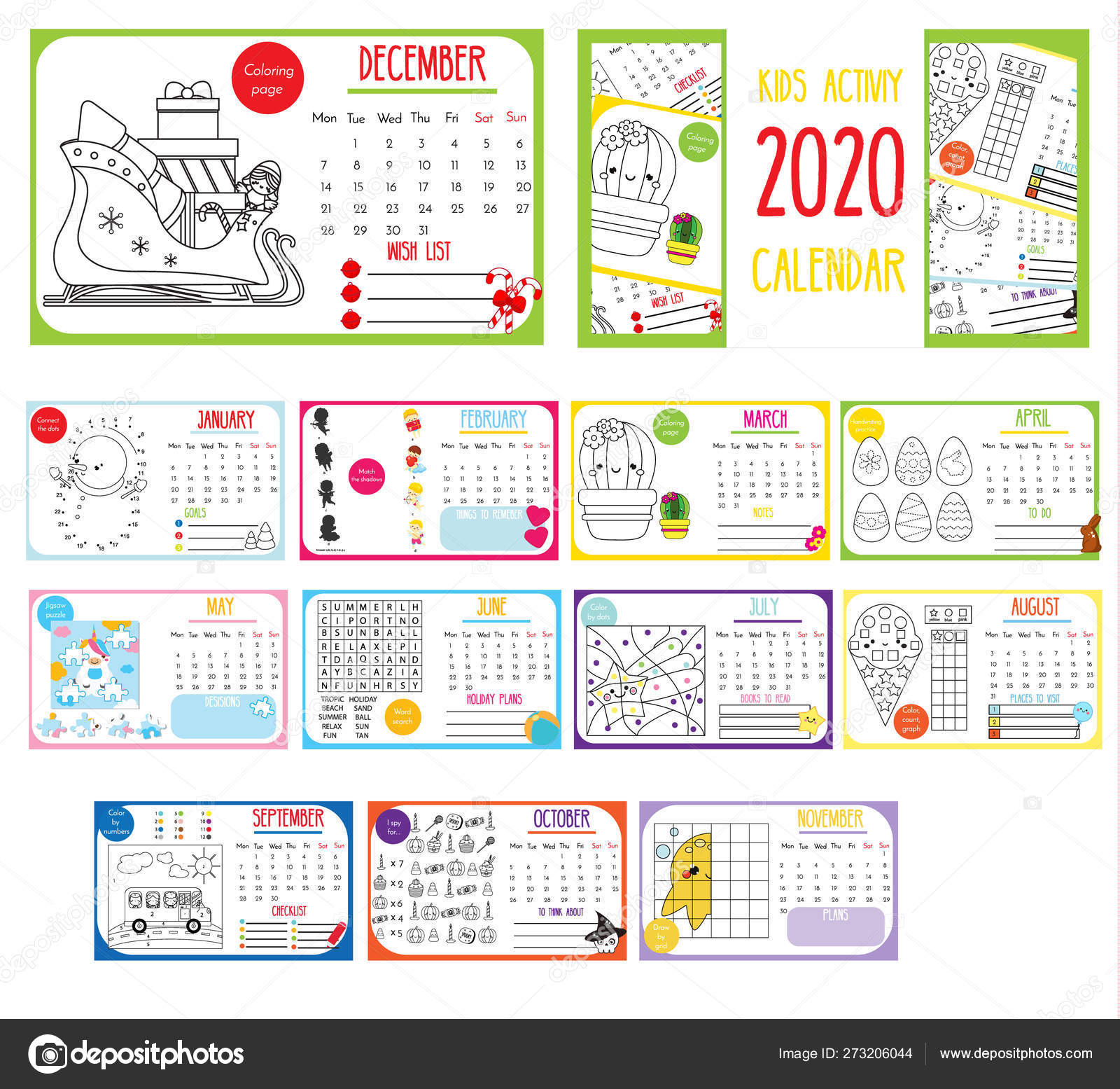 Kids Activity Calendar. 2020 Annual Calendar With